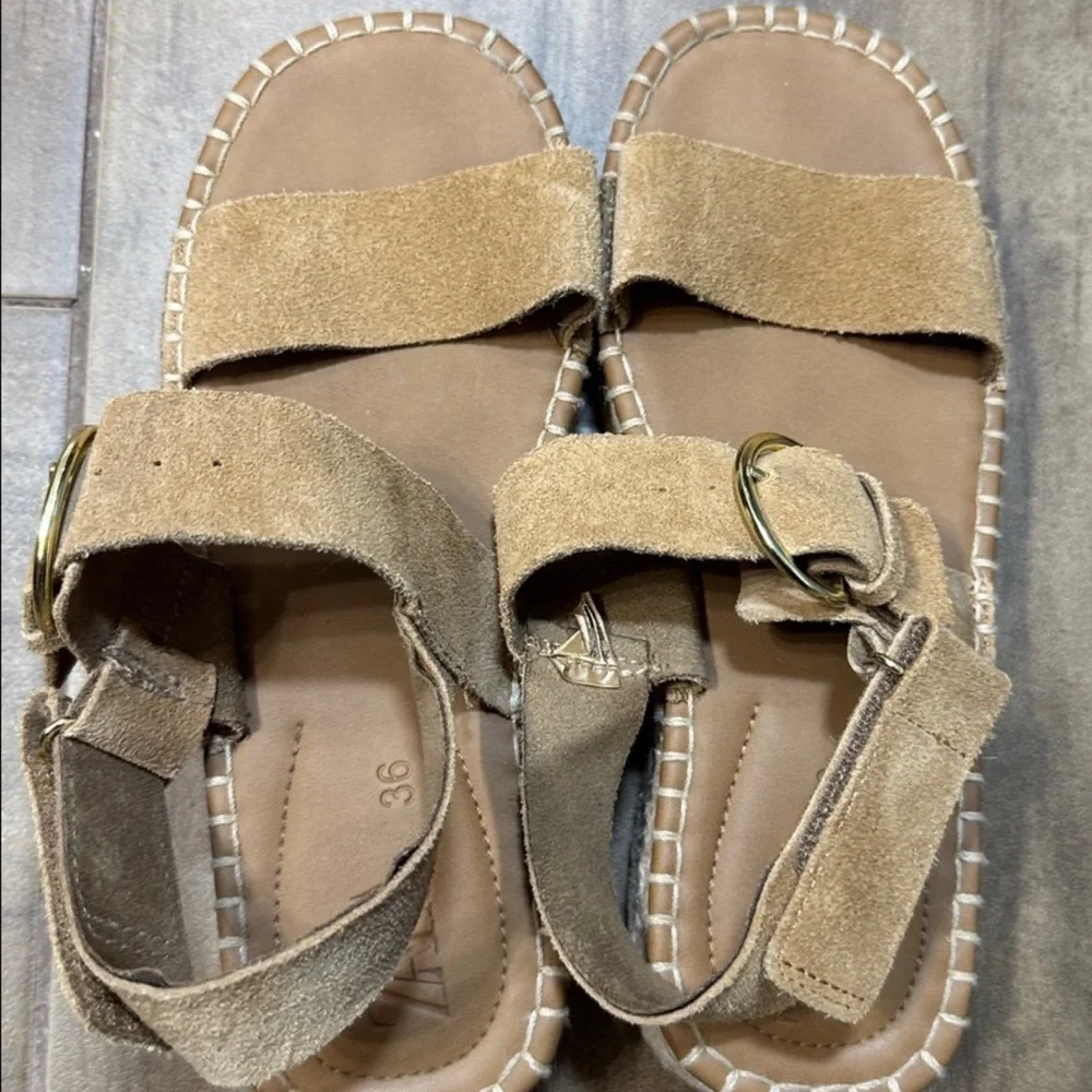 Zara Suede Leather Espadrille Sandals Tan Ankle Strap Flat Boho EU 36 US 6